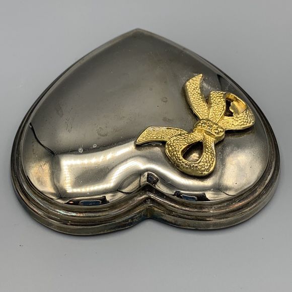 Vtg Metal Silver Toned Heart Trinket Box Blue Lining Jewely Box Gold Tone Bow - Picture 12 of 16